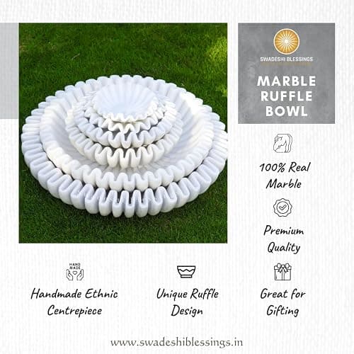SWADESHI BLESSINGS HandCrafted Marble Ruffle Bowl/Antique Scallop Bowl/Fruit Bowl/Vintage Ring Dish/Decorative Flower Dish/HouseWarming Gift/Wedding Gifts/Urli (8 Inches) thumbnail 4