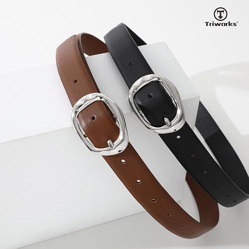 TRIWORKS 2 Pack Leather Belts for Women Fashion Waist Belt with Liquid Shapes Women Belt for Jeans Pants Dresses thumbnail 4