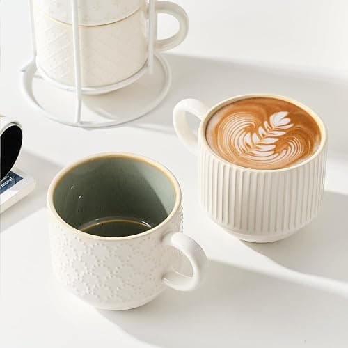 JIEMEI HOME Large Ceramic Coffee Mug Set of 4 with Stand, 15 Oz Stackable Different Embossment Ribbed Latte Cup Set for Cappuccino, Tea, Hot Cocoa, Drinks - Dishwasher & Microwave Safe, White & Green thumbnail 2