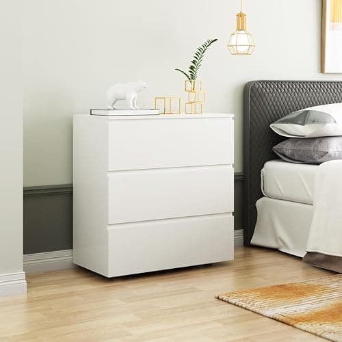 FUNISIR Nightstand with 3 Drawers, Modern Bedroom End Table with No Handle, Wooden Bedside Storage Cabinet, White 30.3" W x 32.3" H - Image 1