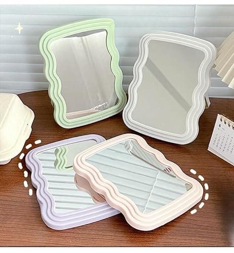 KZhuim 1 Green Wave Desktop Makeup Mirror Portable Makeup Mirror Irregular Wall Mounted Mirror Cute Wave Mirror Suitable for Modern Living Room Makeup, Bedroom and Bathroom Decoration (Green) - Green thumbnail 8