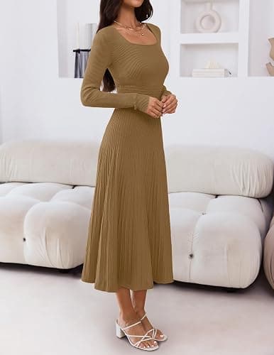 MEROKEETY Women's Sweater Dress 2025 Fall Winter Casual Long Sleeve Square Neck Pleated Church Work Knit Midi Dresses thumbnail 2