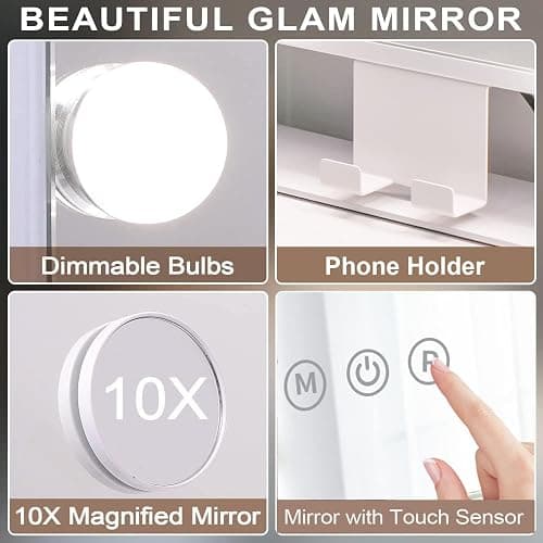 KOTTOVA Makeup Mirror with Lights - Modern Vanity Mirror, 14x12 Lighted-up Mirror with 3 Color Dimmable Lighting & Mount, Touch Sensor, with Detachable 10X Spot Mirror, Sleek Metal Frame – White thumbnail 6