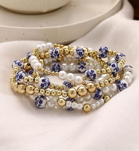 Gold Beaded Bracelets for Women, 14K Real Gold Plated Jewelry for Women Dainty Pearl Bead Bracelets Stack, Non Tarnish Trendy Stackable Ball Cross Stretch Bracelet Set Fashion Accessories Gifts thumbnail 8
