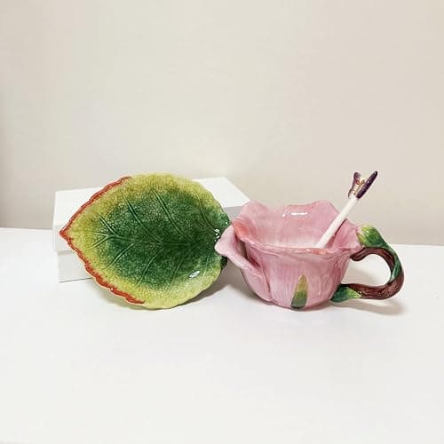 Minigift Ceramic Tea Cup and Saucer Set ，6OZ 3D Hand-Painted Flower and Lotus Leaf Coffee Mug，Gift for Women- Dark Pink Rose thumbnail 3