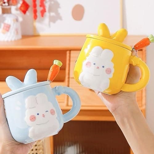 Heardbeli Cute Ceramic 3D Cartoon Rabbit Bunny Coffee Mug 420ML/14.2OZ, with Rabbit Ear Lid and Carrot Spoon, Fun and Novelty Gift for Women Girls (Blue) thumbnail 5