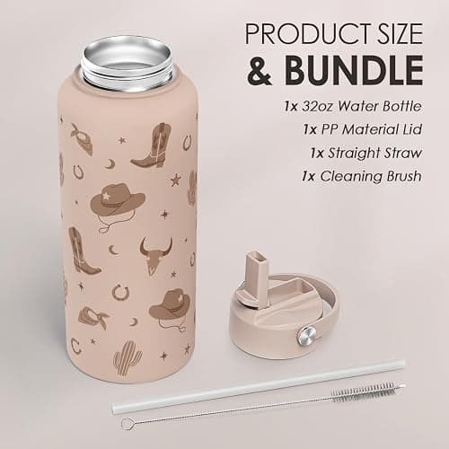 Western Cowgirl Water Bottle 32oz Stainless Steel with Lid, Insulated Bottles for Women Girls, Gift Idea for Birthday Christmas thumbnail 5