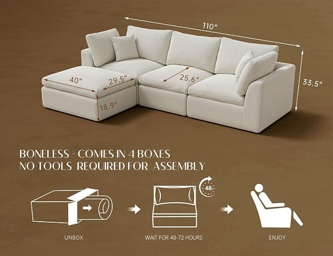 ohllob 110" Cloud Sectional Couches for Living Room, Convertible L-Shape Couch with Ottoman, 3 Seater Modular Sectional Sofa, Warm White thumbnail 2