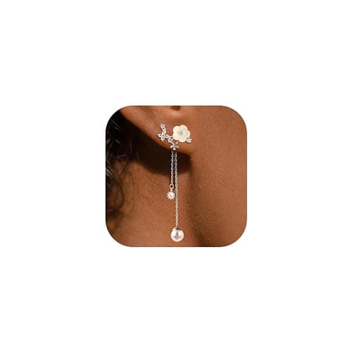Dangle Pearl Drop Earrings For Women Trendy Long Threader Chain Dainty Flower Wedding Earrings For Brides CZ Cute 14K Gold Statement Sparkly Jewelry - Image 1