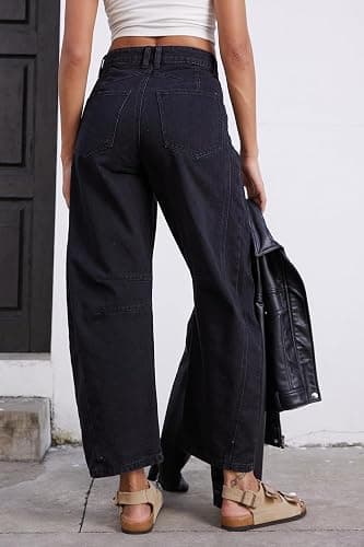GREAIDEA Mid Rise Barrel Jeans for Women Wide Leg Mid Waist Cropped Denim Pants Y2k Baggy Boyfriend Jeans with Pockets thumbnail 2