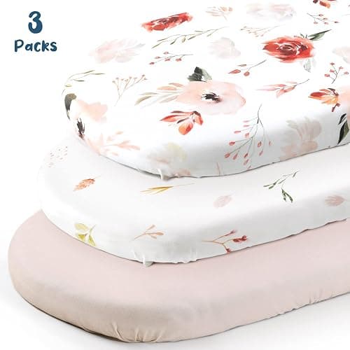 Stretchy Ultra Soft Bassinet Fitted Sheets 3 Pack, Universal Fitted for Bassinets Oval Rectangle Mattress, Pretty Bassinet Sheets for Baby Girls, Watercolor Rose Flora Orange Pink thumbnail 3