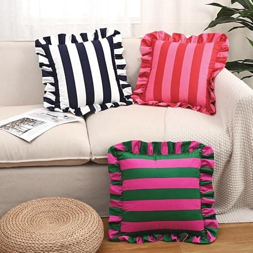 vctops Ruffle Square Throw Pillow Covers Boho Pink and Red Striped Decorative Pillowcases Set of 2, Soft Velvet Accent Cushion Cover Cases for Sofa Bed Living Room Decor (Pink,18"x18") thumbnail 5