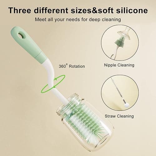 ePiiChua Silicone Bottle Brush Set with Stand, 360° Rotating Bottle Cleaning Brush Cleaner Set, Long Handle 3 in 1 Multipurpose Silicone Baby Bottle Straw Cleaner Brush (Green) thumbnail 4