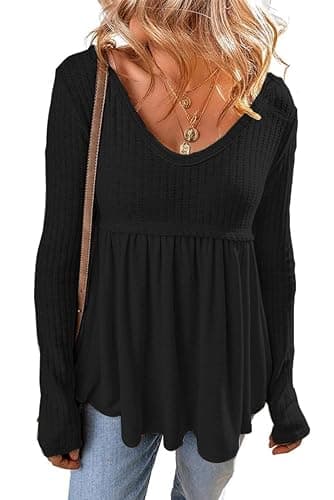 MARZXIN Women's 2025 Fall Long Sleeve Casual T-Shirt Textured Long Sleeve V Neck Babydoll Tunic Tops - Image 1