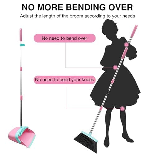 Broom and Dustpan Set, 52-in Long Adjustable Handle Broom Dustpan Combo with Dust pan Teeth to Automatically Clean Hair Suitable for Home Kitchen Office Hall Floor（Pink&Blue） thumbnail 4