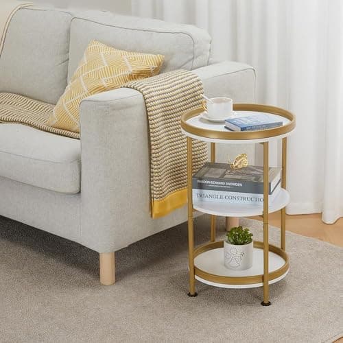 YEAKOO Nordic End Table, 3-Tier Round Side Table with Storage Shelf Edge Protection Tray, Sturdy Metal Frame Coffee Table Bedside Table for Living Room Bedroom Small Spaces (White & Gold) thumbnail 2