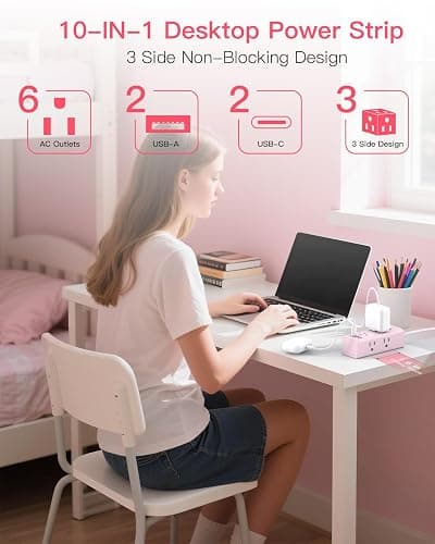 10Ft Extension Cord with Multiple Outlets, Flat Plug Power Strip Surge Protector with 10 Ft Long Cord, 6 Outlet 3 USB Ports (1 USB C), Multi Outlet Wall Plug for Travel, Dorm Room Essentials-Pink thumbnail 3