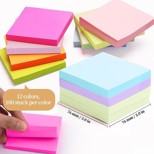 Annvchi 1200 Pcs Haftnotizen,76 mm x 76 mm,12 Farben,100 Blatt pro Farbe,Sticky Notes,Klebezettel,Einfach zu Schreiben und Aufzukleben,Wiederverwendbar,Geeignet für Zuhause, Schule und Büro thumbnail 3