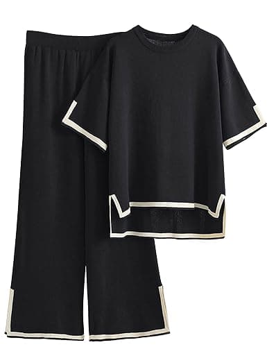 Tanming Sweater Sets Women 2 Piece Lounge Sets Short Sleeve Knit Pullover Tops Wide Leg Pants - Image 1