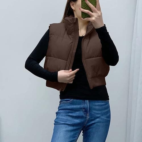 Shiyifa Women's Fashion High Neck Zipper Cropped Puffer Vest Jacket Coat thumbnail 3