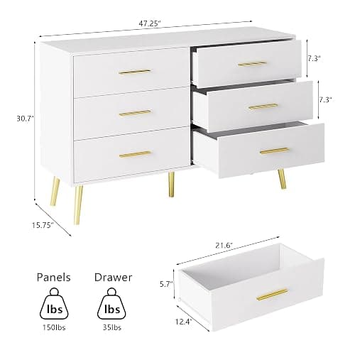 LYNSOM White 6 Drawer Dresser for Bedroom with Gold Handles, Modern Chest of Drawers, Wooden Dressers Organizer for TV Stand,Living Room, Hallway, Entryway thumbnail 2