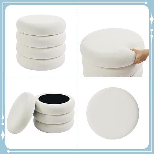Flouki 20.1" Storage Ottoman Round, Vanity Stools for Bedroom, Velvet Pouf Ottoman with Removable Lid, Modern Ottoman Stool for Girls Women, Foot Stool for Living Room, White thumbnail 9