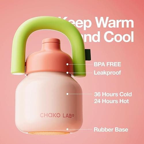 CHAKO LAB Water Bottle with Straw and Carry Handle | Wide Mouth vacuum insulated stainless steel Bottles | Reusable, leak-proof and BPA-free | 33oz (Pink&Green) thumbnail 4