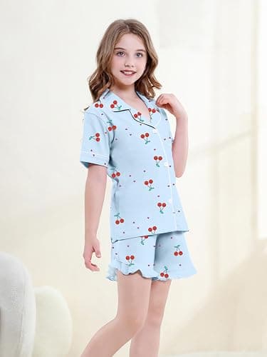 QZH.DUAO Girls Pajama Sets 100% Cotton Sleepwear Button Down Short Sleeve With Ruffle Shorts 2 Piece PJS 5-14 thumbnail 4