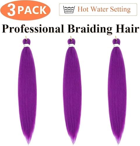 Purple Braiding Hair 24 Inch 3 Packs Braiding Hair Pre Stretched Colored Hair Extensions for Twist or Box Braids Hot Water Setting Soft Yaki Texture Long Synthetic Crochet Braids(24Inch, Purple) thumbnail 5