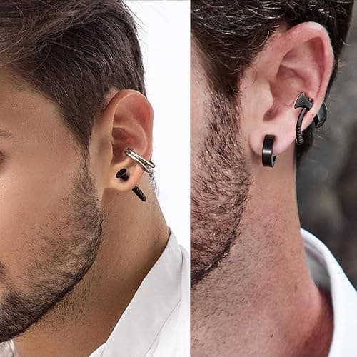 16 Pairs Stainless Steel Punk Y2K Black Dangle Earrings for Men, Axe Skull Screw Cone etc Huggie Hoop Long Chain Piercing Hoop Earrings Set for Unisex Earrings for Women thumbnail 4