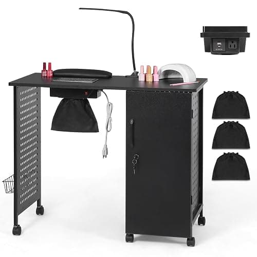 AGESISI Nail Desk for Nail Tech Manicure Table with Dust Collector Charging Station, Nail Tech Table with 4 Storage Drawers, LED Lamp, Lockable Wheels, Nail Station for Home & Spa Salon, Black - Image 1