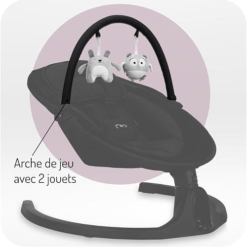 Balancelle MoMi KENANI ONYX jusqu'à 9 kg, écran LED, télécommande, Bluetooth pour smartphone, alimentation piles/secteur, harnais de sécurité 5 points, arche et jouets thumbnail 9