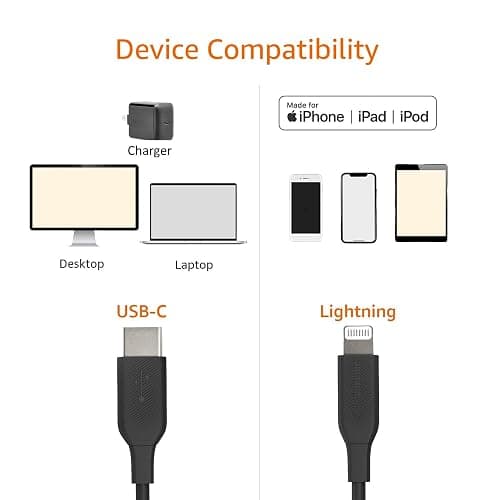 Amazon Basics Fast Charging USB-2.0 USB-C to Lightning Cable (MFi Certified), Durable, 6 Feet, Black thumbnail 2