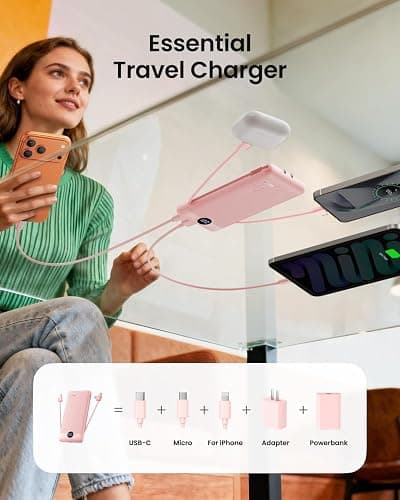 Coowisty Portable Charger Built-in Cables and Wall Plug, 10000mAh Slim USB C Power Bank, LED Display External Battery Pack Compatible with iPhone/Android & More (Pink) thumbnail 6