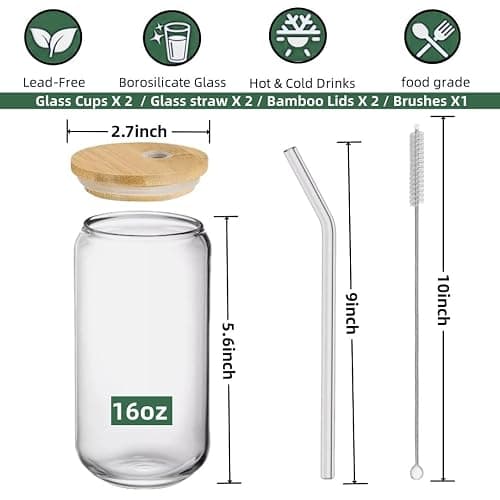 Siocok 500ml Can Shaped Glass Cups Set, Drinking Glasses with Bamboo Lids and Glass Straw, Reusable Can Shaped Cups Set,for Smoothies, Beer, Cola, Juice, Soda,Cocktail, Milk thumbnail 3