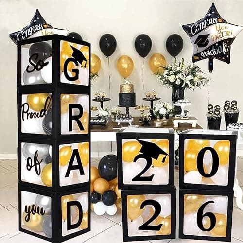 2026 Graduation Party Decoration Black Balloon Boxes with Letters 2026 Grad & So Proud of You and 20 pcs Ballons - Image 1