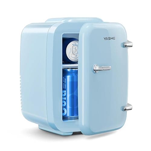 YASHE Mini Fridge, 4 Liter/6 Can Mini Makeup Fridge, 110V AC/ 12V DC Portable Thermoelectric Cooler&Warmer for Skincare, Drink, Cosmetic, Medicine, Small fridge for Bedroom, Office, Dorm, Car, Blue - Image 1