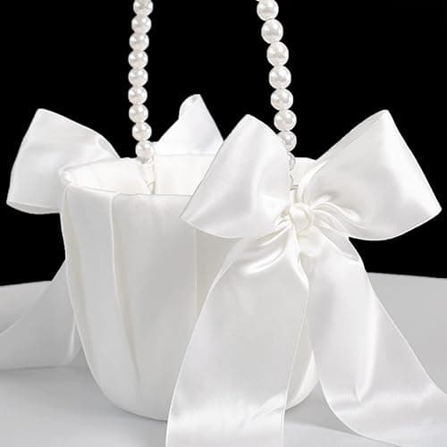 ATAILOVE Flower Girl Basket and Pearl Handle for Weddings - Cute Cherish Fairy Flower Baskets (Ivory) thumbnail 2