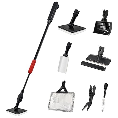 Aquarium Cleaning Tools, 7 in 1 Fish Tank Cleaning Kit with Adjustable Long Handle,Aquarium Sponge Brush, Scraper Cleaner,Fish Net,Tube Brush,Fork,Gravel Rake for Fish Tank Cleaner - Image 1