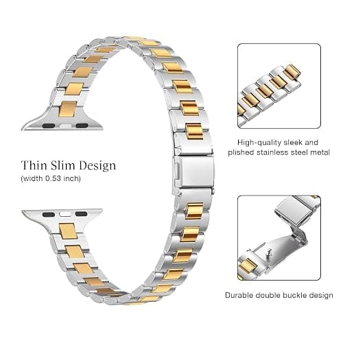 WFEAGL Slim Metal Watch Band Compatible with Apple Watch 38mm 40mm 41mm 42mm(Series 11 10), Dressy Stainless Steel Strap for Women iWatch Bands Series10/9/8/7/6/5/4/3/2/1/SE (Silver+Gold) thumbnail 4