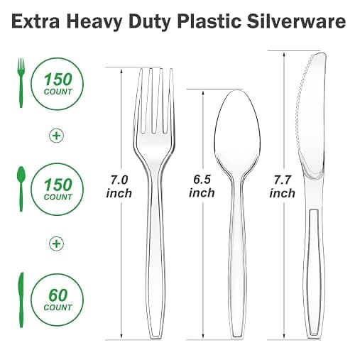 Dealusy 360 Count Extra Heavy Duty Clear Plastic Silverware, 150 Forks, 150 Spoons, 60 Knives, BPA-Free, Heat Resistant, Disposable Plastic Utensils Set, Plastic Cutlery Set, Plasticware Bulk - Clear thumbnail 2