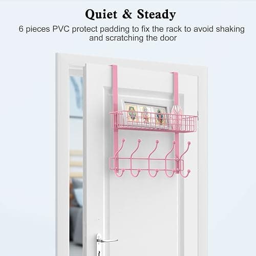 MILIJIA Coat Rack, Over The Door Hanger with Mesh Basket, Detachable Storage Shelf for Towels, Hats, Handbags, Coats (Pink) thumbnail 4
