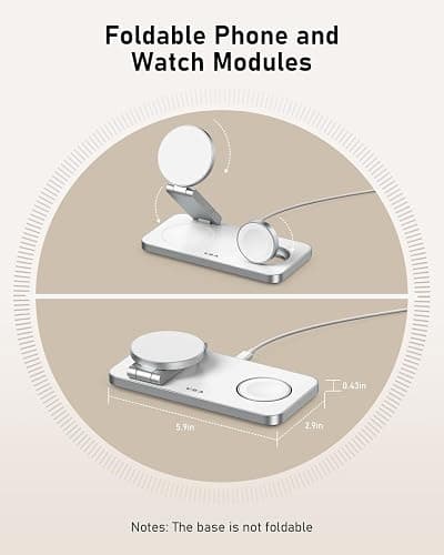 VBA 3 in 1 Wireless Charging Station for Apple MagSafe Charger,Foldable Fast Charging Magnetic Wireless Charger Stand,Travel Charger for iPhone 17 Air 16 15 14 13 12,Apple Watch,AirPods Pro(White) thumbnail 5