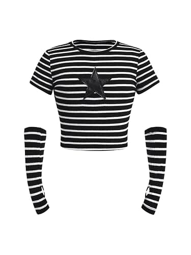SOLY HUX Girl's Y2k Striped Star Graphic Vintage Crop Tops with Arm Sleeves | Goth Style, Scene, Grunge Tops,Slim Fitted, Short Sleeve, Fall Outfits, Casual T Shirt - Image 1