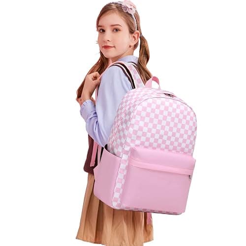 Sugaroom Pink Checkered Backpack with lunch box for Girls with Lunch Box Lightweight School Backpack Kids Bookbags Preschool Primary Elementary Students School Bags Set (Checkered Pink) thumbnail 3
