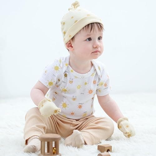 Ruliby Baby Hats Mittens and Socks Set Cotton Newborn Hat Beanie Soft Infant Girls Boys Caps Gloves 0-6 month - Strawberry Accessory Set 2 + Solid Color Socks - 0-6 Months thumbnail 3