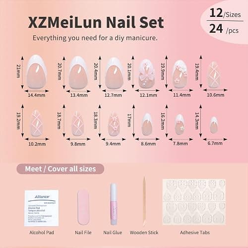 XZMeiLun Pink White French Bow Press on Nails, White Pearl Fake Nails, Almond Short Acrylic Press-Ons with Charming 3D Plaid Floral Design, Reusable Glue-On Stickers for Fall Flower Nails for Women thumbnail 4