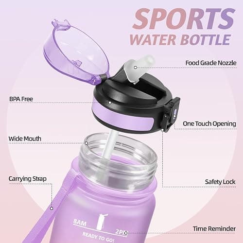 Motswedi Gourde Sport, 1000ml Anti Fuite, Gourde Paille, Réutilisable, Bouteille d'eau, sans BPA, Bouteille Reutilisable, pour Adulte, Randonnée, l'école, Fitness, Yoga, Violet Clair & Rose Clair thumbnail 2