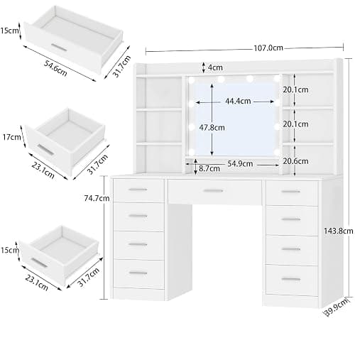 TEENFON Dressing Table with 3-Color LED Lights Mirror, Adjustable Brightness, Vanity Table Makeup Desk with 9 Drawers and 7 Storage Shelves, Modern Vanity Desk for Bedroom Dressing Room, White thumbnail 2