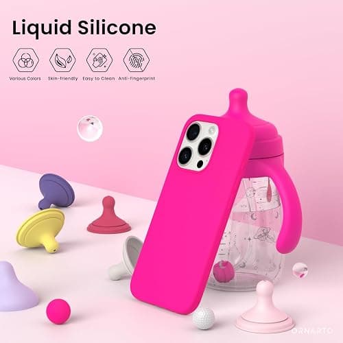 ORNARTO Compatible with iPhone 15 Pro Max Case 6.7", Slim Liquid Silicone 3 Layers Soft Gel Rubber Shockproof Protective Phone Case with Anti-Scratch Microfiber Lining-Hot Pink thumbnail 3